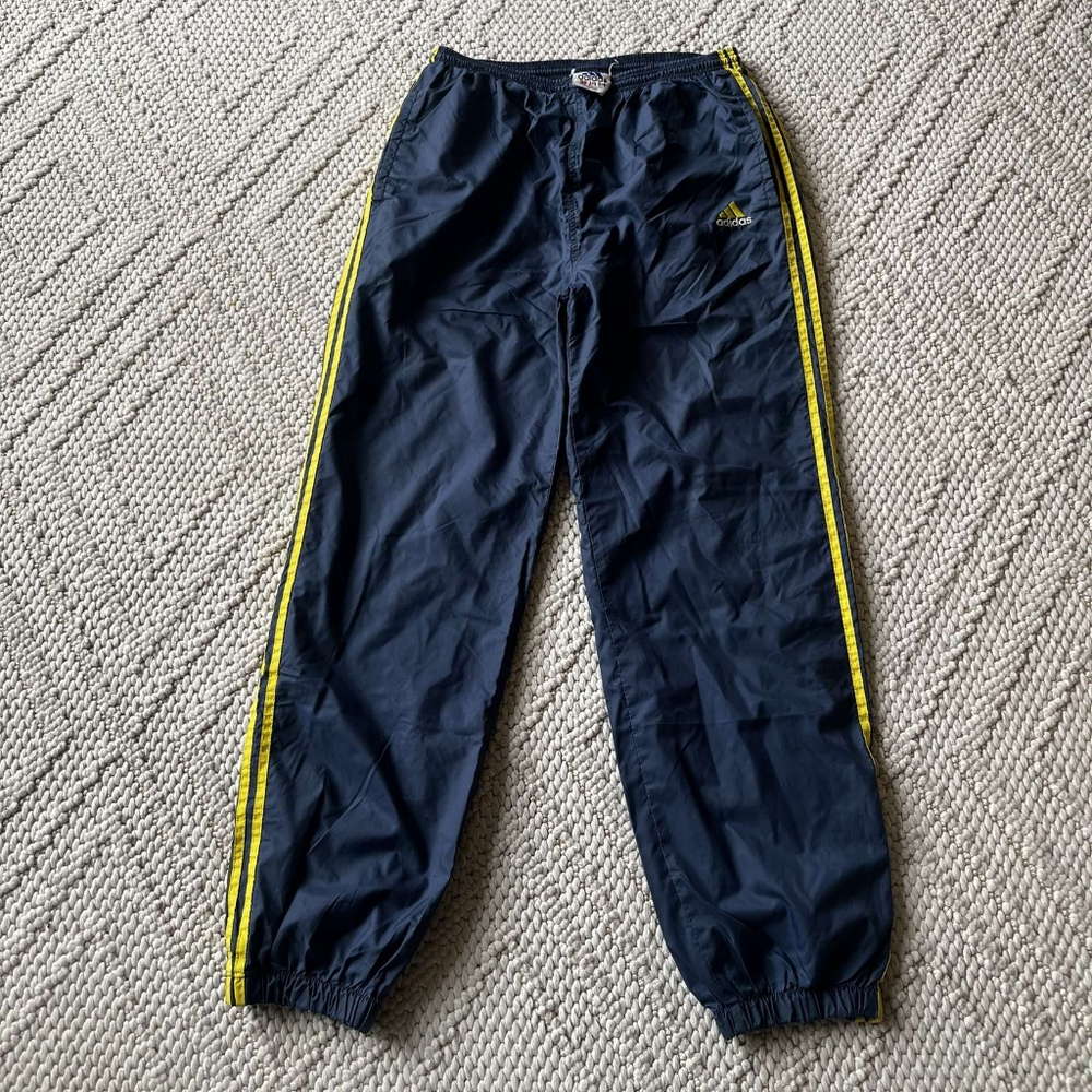 Vintage Adidas Early 2000's Navy Blue Yellow Stripped Mens Sweatpants Trackants